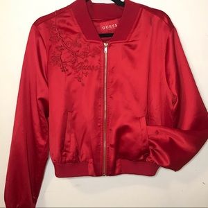 GUESS Factory Red Satin Bomber Jacket